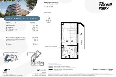 Rzut - Mieszkanie na sprzedaż 1 pokój o powierzchni 32,77 m² - numer A2.4.3.M30 w Nowe Promenady