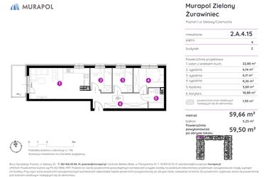 Rzut - Mieszkanie na sprzedaż 4 pokoje o powierzchni 59,5 m² - numer 2.A.4.15 w Murapol Zielony Żurawiniec