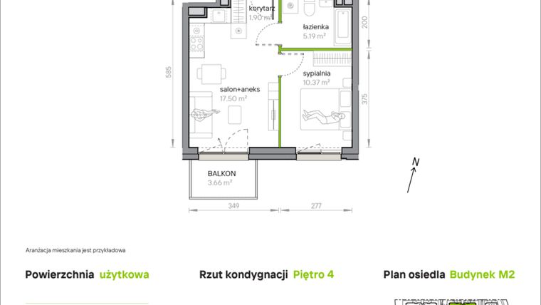 Rzut - Mieszkanie na sprzedaż 2 pokoje o powierzchni 34,96 m² - numer M2/2/4/18 w Przy Parku Vita