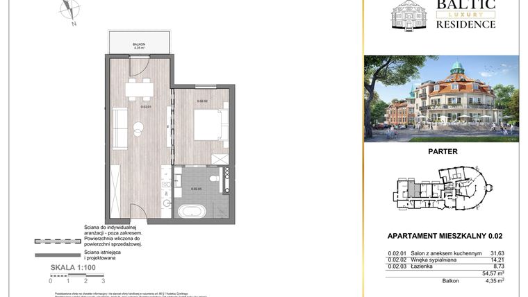 Rzut - Mieszkanie na sprzedaż 2 pokoje o powierzchni 54,57 m² - numer 0.02 w Baltic Luxury Residence
