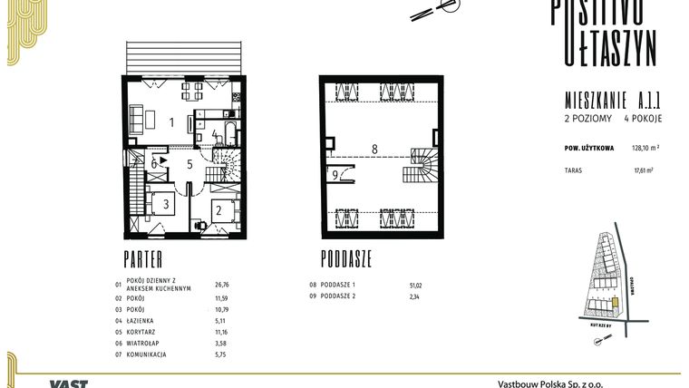 Rzut - Mieszkanie na sprzedaż 5 pokoi o powierzchni 128,1 m² - numer A.1.1 w Positivo Ołtaszyn