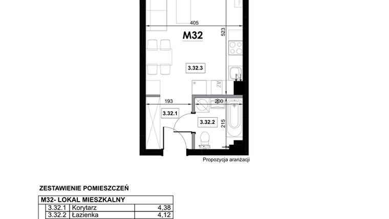 Rzut - Mieszkanie na sprzedaż 1 pokój o powierzchni 29,47 m² - numer M32 w Miejska Premium II