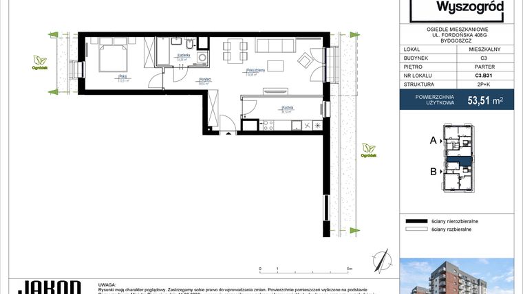Rzut - Mieszkanie na sprzedaż 2 pokoje o powierzchni 53,51 m² - numer C3.B31 w Nowy Wyszogród etap III
