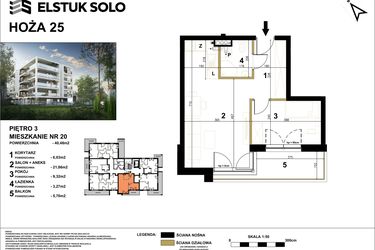 Rzut - Mieszkanie na sprzedaż 2 pokoje o powierzchni 40,48 m² - numer 20 w Hoża 25
