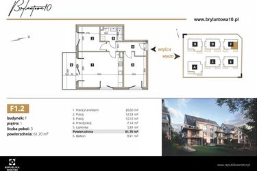 Rzut - Mieszkanie na sprzedaż 3 pokoje o powierzchni 61,7 m² - numer F1.2 w Brylantowa 10