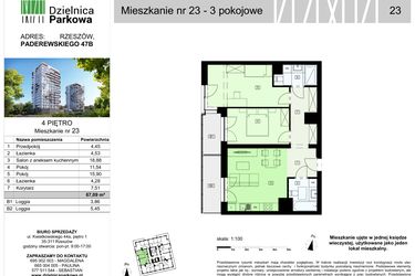 Rzut - Mieszkanie na sprzedaż 3 pokoje o powierzchni 67,09 m² - numer 23/B7 w Dzielnica Parkowa VII