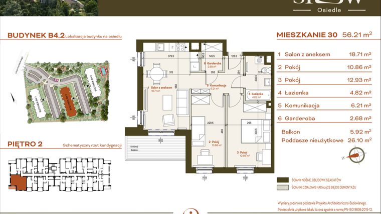 Rzut - Mieszkanie na sprzedaż 3 pokoje o powierzchni 56,21 m² - numer B4.2.30 w Osiedle SLOW