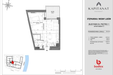 Rzut - Mieszkanie na sprzedaż 2 pokoje o powierzchni 33,43 m² - numer 5.B w Kapitanat Apartamenty