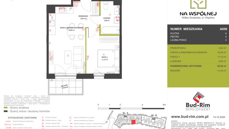 Rzut - Mieszkanie na sprzedaż 2 pokoje o powierzchni 39,36 m² - numer 56 w Na Wspólnej