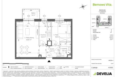 Rzut - Mieszkanie na sprzedaż 2 pokoje o powierzchni 44,06 m² - numer B4/4/B65 w Bemowo Vita