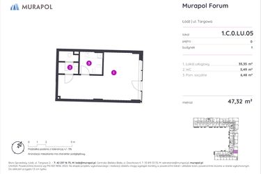 Rzut - Lokal użytkowy na sprzedaż 1 pokój o powierzchni 47,32 m² - numer 1.C.0.LU.05 w Murapol Forum