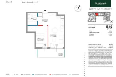 Rzut - Mieszkanie na sprzedaż 2 pokoje o powierzchni 38,64 m² - numer B049 w Grunwald Między Drzewami etap II
