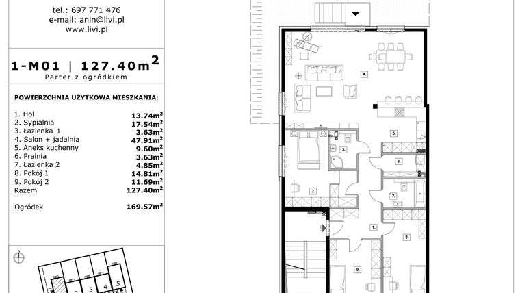 Rzut - Mieszkanie na sprzedaż 4 pokoje o powierzchni 127,4 m² - numer 1-m01 w Apartamenty Anin