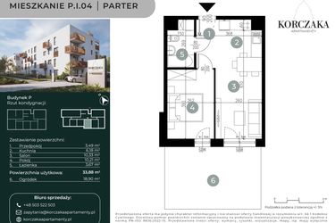 Rzut - Mieszkanie na sprzedaż 2 pokoje o powierzchni 33,88 m² - numer P.I.04 w Korczaka Apartamenty