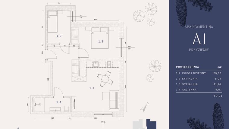 Rzut - Mieszkanie na sprzedaż 4 pokoje o powierzchni 50,91 m² - numer A1 w Rysulówka 70