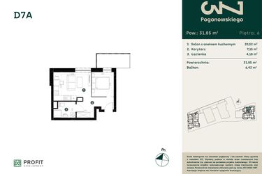 Rzut - Mieszkanie na sprzedaż 1 pokój o powierzchni 31,88 m² - numer D-7A w Pogonowskiego 73