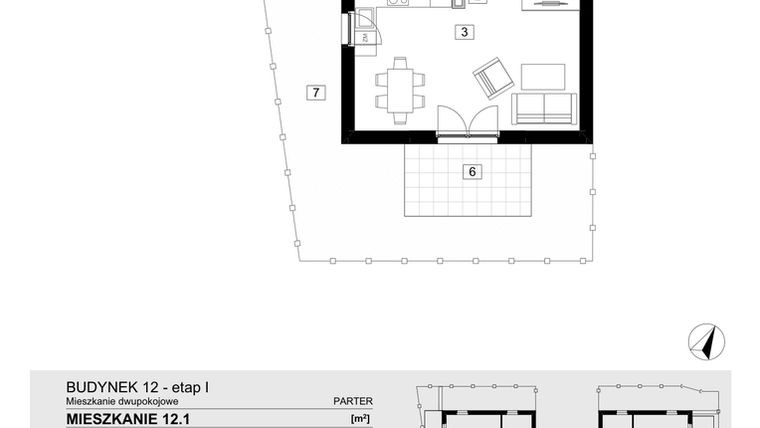Rzut - Mieszkanie na sprzedaż 2 pokoje o powierzchni 43,41 m² - numer 12.1 w Jasieny