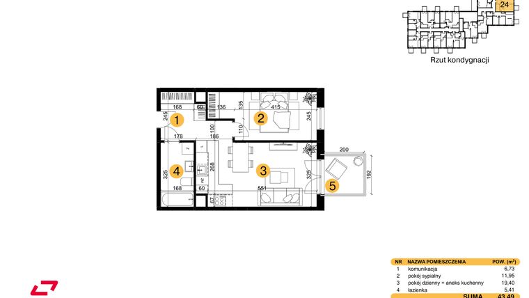 Rzut - Mieszkanie na sprzedaż 2 pokoje o powierzchni 43,49 m² - numer M24 w Punkt Wola
