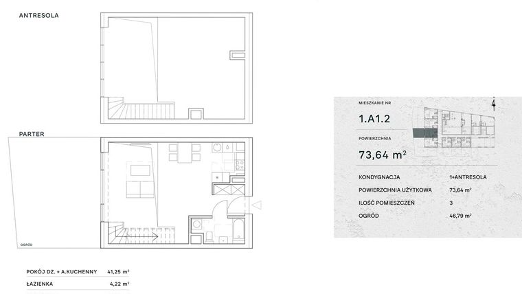 Rzut - Mieszkanie na sprzedaż 2 pokoje o powierzchni 73,64 m² - numer 1.A1.2 w Żernicka Park