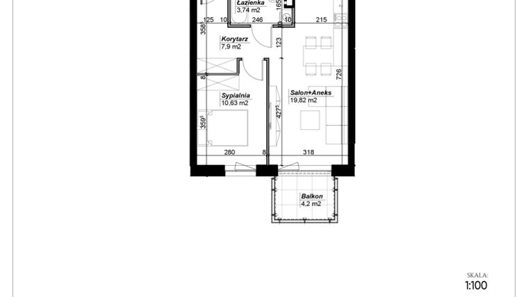 Rzut - Mieszkanie na sprzedaż 2 pokoje o powierzchni 42,09 m² - numer D.17 w Narcyzowe Wzgórza II