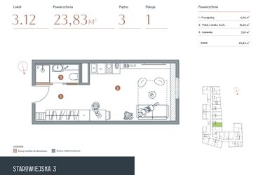Rzut - Mieszkanie na sprzedaż 1 pokój o powierzchni 23,83 m² - numer 3.12 w Starowiejska 3