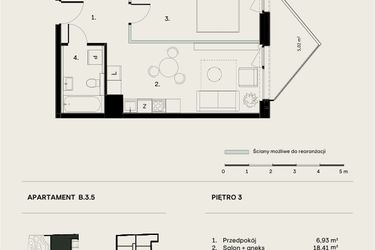 Rzut - Mieszkanie na sprzedaż 2 pokoje o powierzchni 43,95 m² - numer B/3/5 w Ogrodowa 12