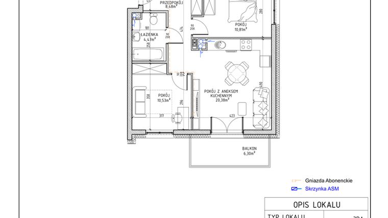Rzut - Mieszkanie na sprzedaż 3 pokoje o powierzchni 54,67 m² - numer 8 w Harmonia bud. M3