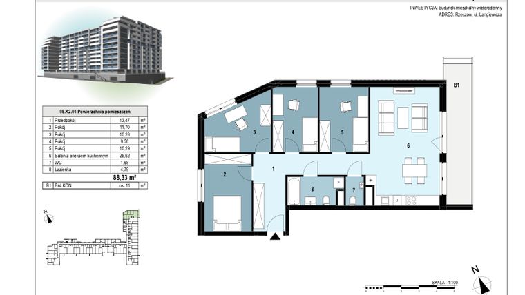 Rzut - Mieszkanie na sprzedaż 5 pokoi o powierzchni 88,34 m² - numer 193 w Langiewicza 37