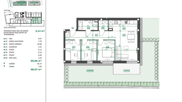 Rzut - Mieszkanie na sprzedaż 4 pokoje o powierzchni 72,19 m² - numer A.0.1 w Apartamenty Pszczyńska