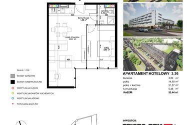 Rzut - Mieszkanie na sprzedaż 2 pokoje o powierzchni 54,12 m² - numer 3.36 w Apartamentowiec Zwycięska 3 - inwestycyjne