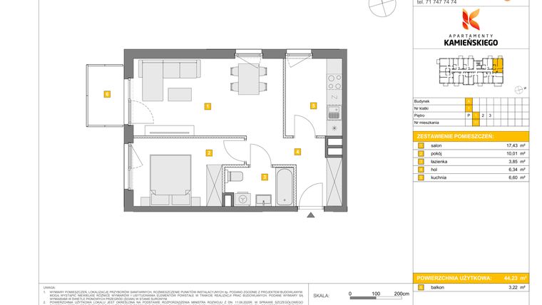Rzut - Mieszkanie na sprzedaż 2 pokoje o powierzchni 44,23 m² - numer A11 w Apartamenty Kamieńskiego