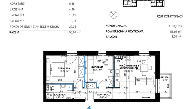 Rzut - Mieszkanie na sprzedaż 3 pokoje o powierzchni 55,07 m² - numer 26 w Comfort Corner