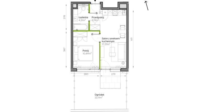 Rzut - Mieszkanie na sprzedaż 2 pokoje o powierzchni 35,68 m² - numer A2/03 w Bemowo Vita