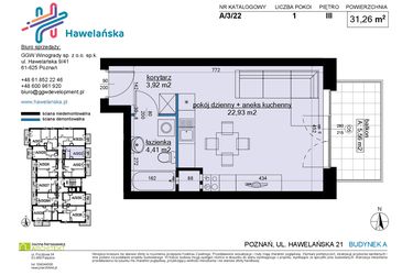 Rzut - Mieszkanie na sprzedaż 1 pokój o powierzchni 31,26 m² - numer A/3/22 w Osiedle Hawelańska etap III - bud. A