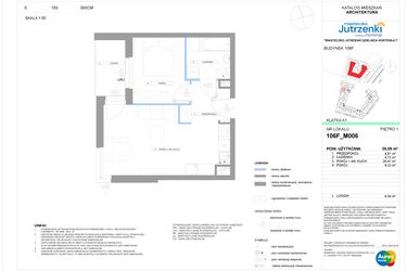 Rzut - Mieszkanie na sprzedaż 2 pokoje o powierzchni 39,08 m² - numer 106F/M006 w Miasteczko Jutrzenki Dzielnica Hortensji