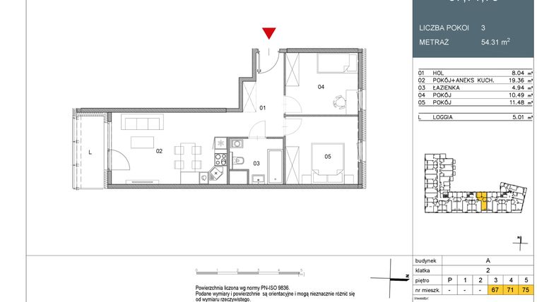 Rzut - Mieszkanie na sprzedaż 2 pokoje o powierzchni 54,31 m² - numer 67 w Morwowa 5