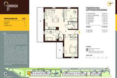 Rzut - Mieszkanie na sprzedaż 4 pokoje o powierzchni 77,83 m² - numer B.133 w Conrada 27