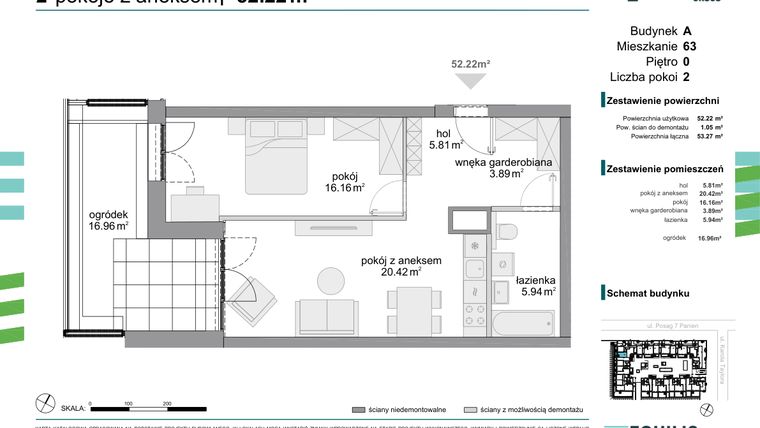 Rzut - Mieszkanie na sprzedaż 2 pokoje o powierzchni 52,22 m² - numer 63 w Osiedle Fokus Ursus