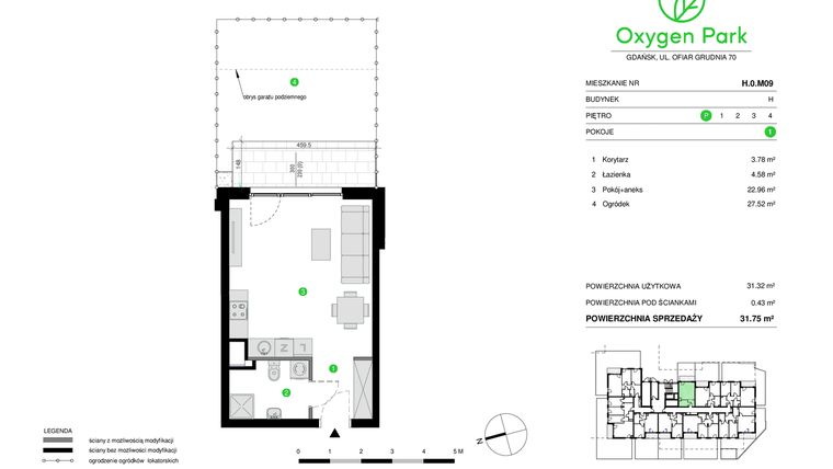 Rzut - Mieszkanie na sprzedaż 1 pokój o powierzchni 31,75 m² - numer H.0.M09 w Oxygen Park etap III