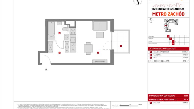Rzut - Mieszkanie na sprzedaż 1 pokój o powierzchni 30,55 m² - numer D.55 w Dzielnica Mieszkaniowa Metro Zachód - etap 8.2