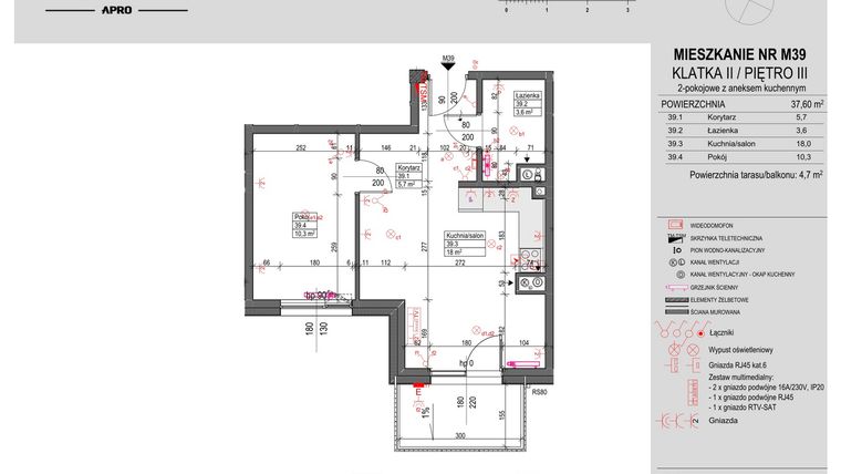 Rzut - Mieszkanie na sprzedaż 2 pokoje o powierzchni 37,6 m² - numer M39 w Antczaka 46