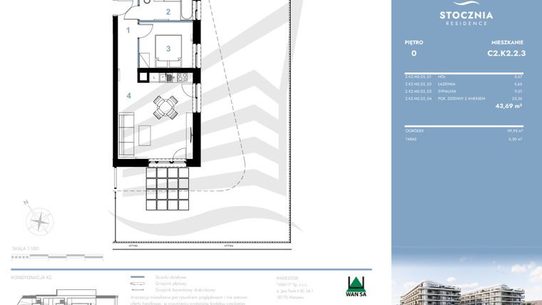 Rzut - Mieszkanie na sprzedaż 2 pokoje o powierzchni 43,69 m² - numer C2.K2.2.3 w Stocznia Residence