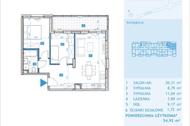 Rzut - Mieszkanie na sprzedaż 3 pokoje o powierzchni 54,92 m² - numer E16 w Osiedle Botaników etap E