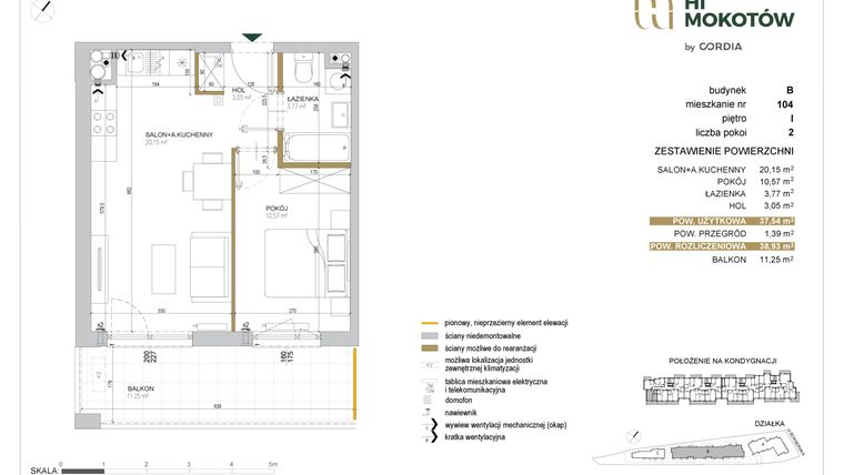 Rzut - Mieszkanie na sprzedaż 2 pokoje o powierzchni 37,51 m² - numer A1.B.104 w Hi Mokotów