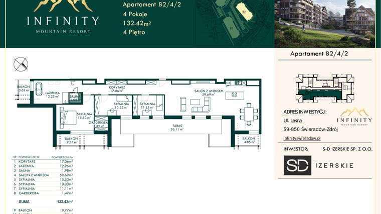 Rzut - Mieszkanie na sprzedaż 4 pokoje o powierzchni 132,42 m² - numer B2.4.2 w Infinity Mountain Resort