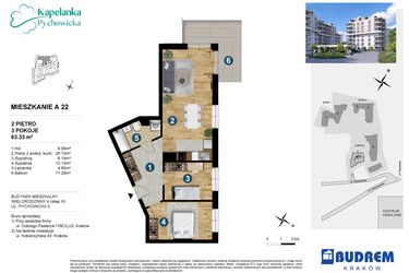 Rzut - Mieszkanie na sprzedaż 3 pokoje o powierzchni 63,33 m² - numer A.22 w Kapelanka-Pychowicka Etap III