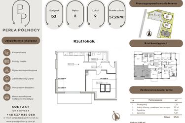 Rzut - Mieszkanie na sprzedaż 2 pokoje o powierzchni 57,26 m² - numer B3.2_2 w Perła Północy etap 2