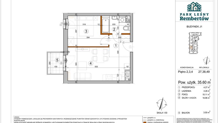 Rzut - Mieszkanie na sprzedaż 2 pokoje o powierzchni 35,6 m² - numer J1-38 w Park Leśny Rembertów etap VIII