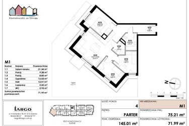 Rzut - Mieszkanie na sprzedaż 4 pokoje o powierzchni 71,99 m² - numer M1 w Kamieniczki za Strugą