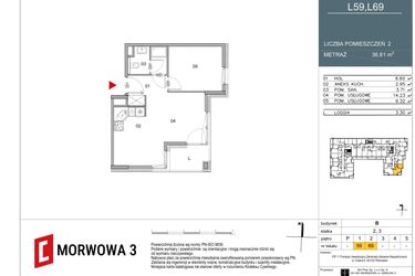 Rzut - Mieszkanie na sprzedaż 2 pokoje o powierzchni 36,81 m² - numer 59 w Morwowa 3 - Apartamenty Inwestycyjne